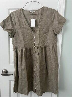 Madewell Button-Front Linen Dress in Olive Taupe